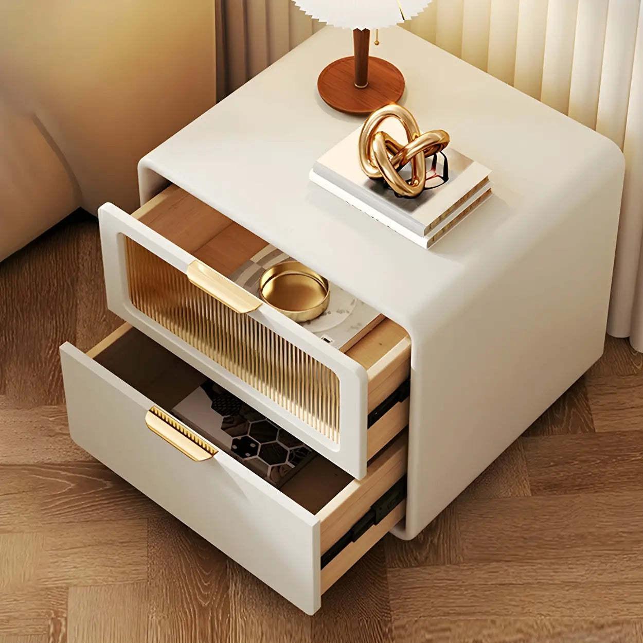 Rounded Wood White Leather Storage Nightstand — Off-White / 1 Piece