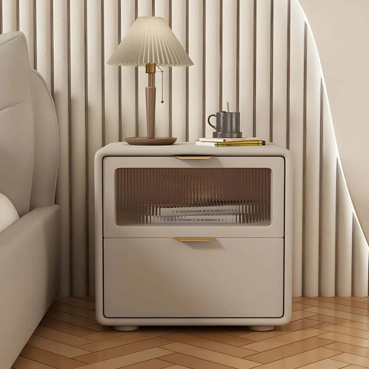Rounded Wood White Leather Storage Nightstand — Off-White / 2 Piece Set