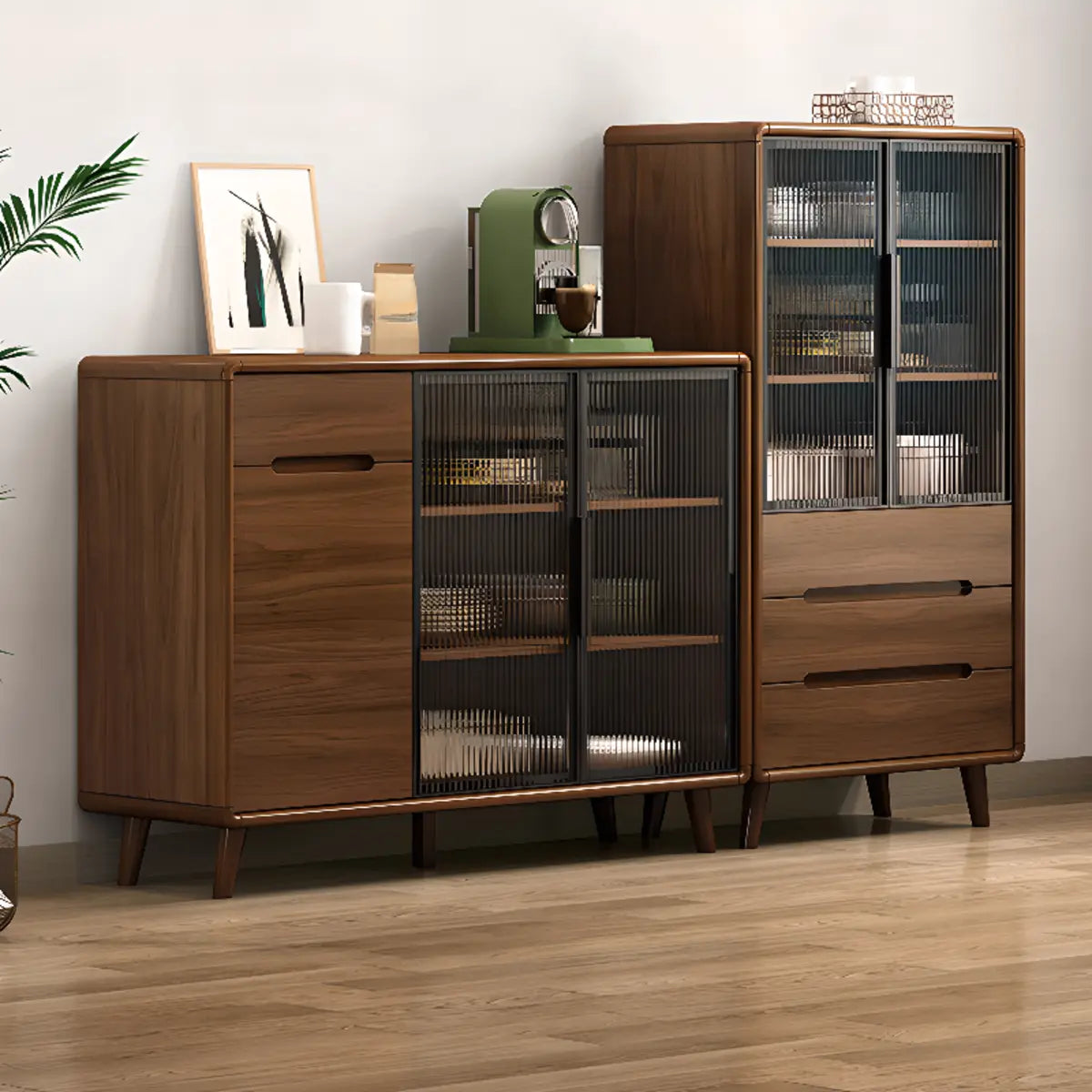 Stylish Walnut Brown Narrow Sideboard Glass Doors