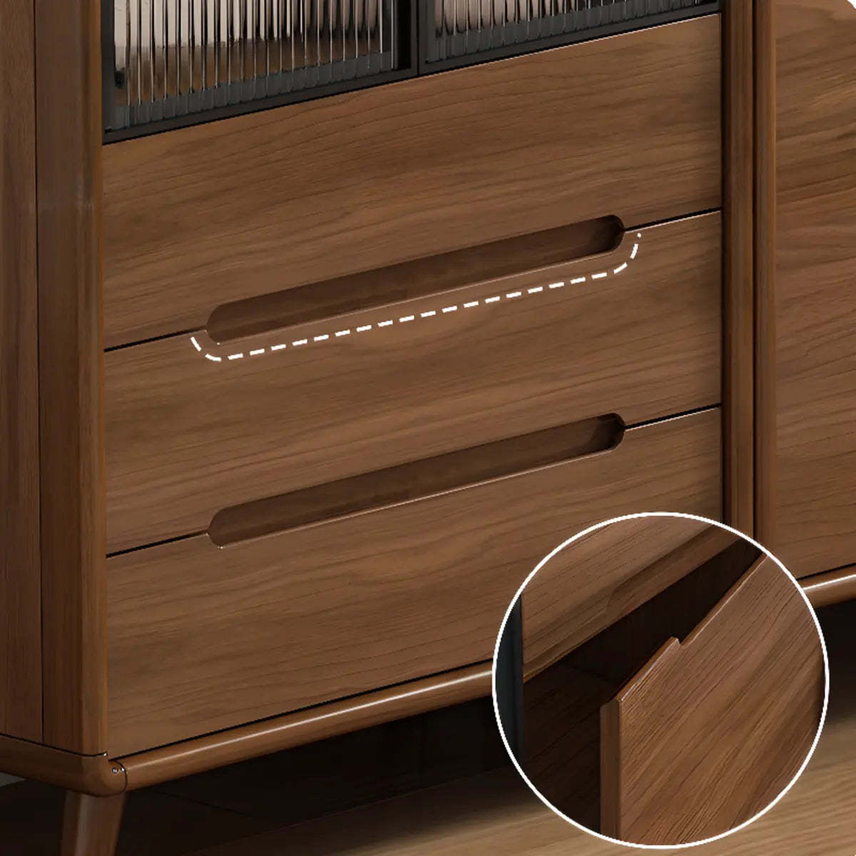 Stylish Walnut Brown Narrow Sideboard Glass Doors