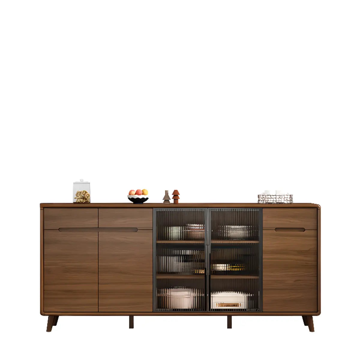 Stylish Walnut Brown Narrow Sideboard Glass Doors