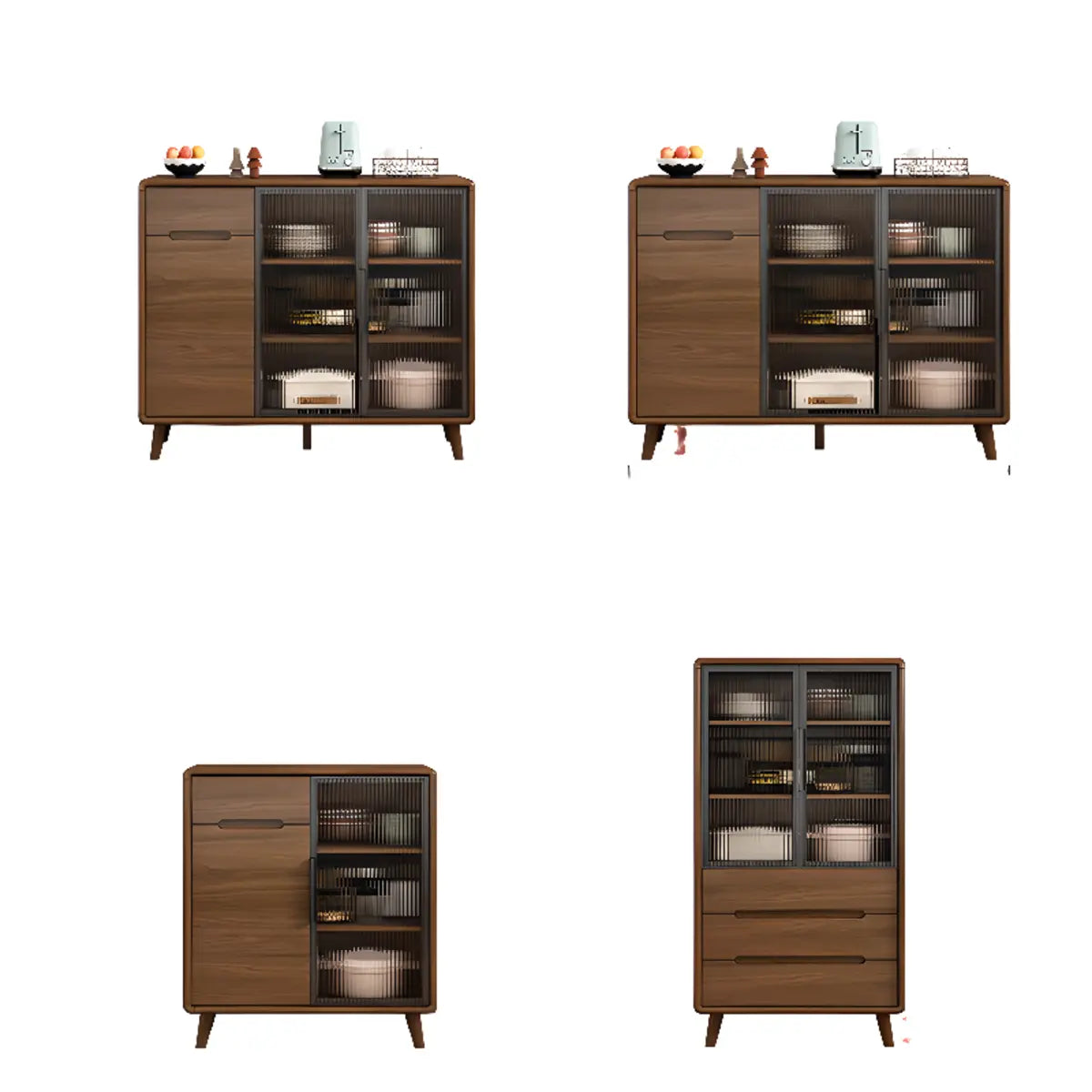 Stylish Walnut Brown Narrow Sideboard Glass Doors