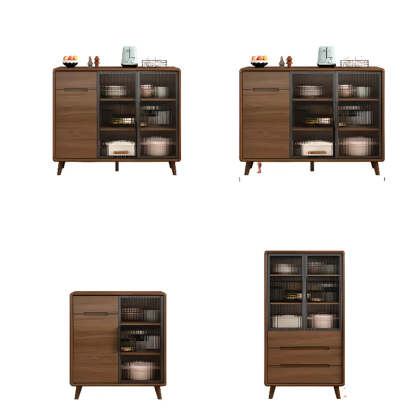 Stylish Walnut Brown Narrow Sideboard Glass Doors