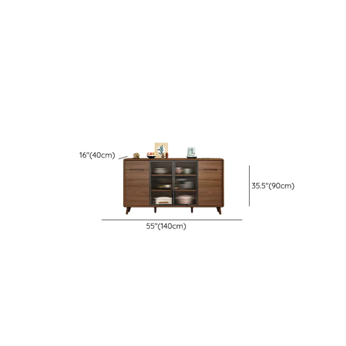 Stylish Walnut Brown Narrow Sideboard Glass Doors