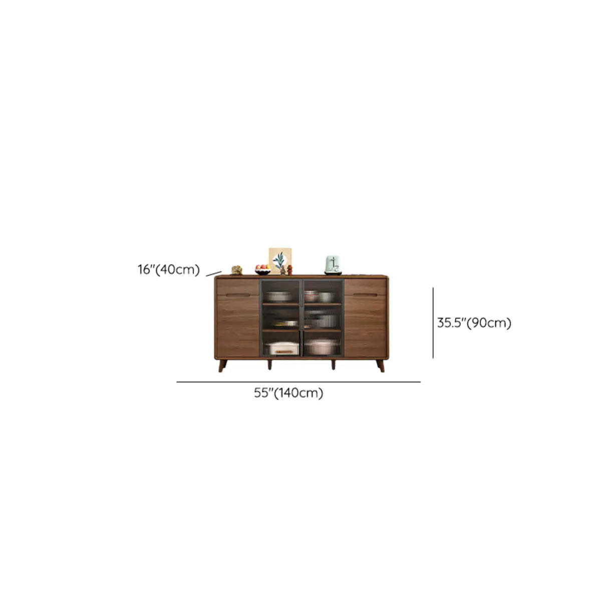 Stylish Walnut Brown Narrow Sideboard Glass Doors