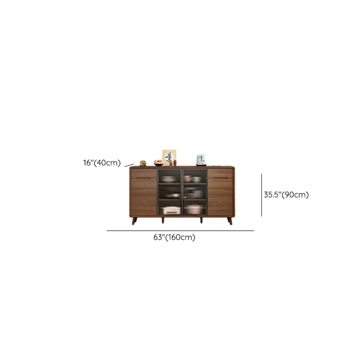 Stylish Walnut Brown Narrow Sideboard Glass Doors