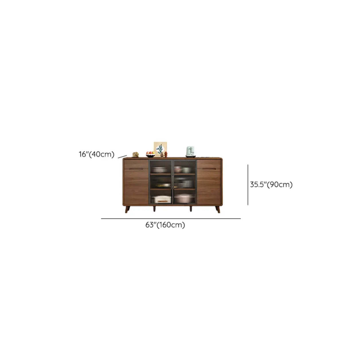 Stylish Walnut Brown Narrow Sideboard Glass Doors
