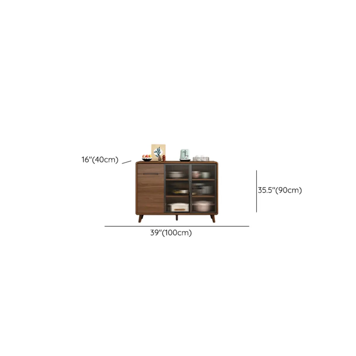 Stylish Walnut Brown Narrow Sideboard Glass Doors