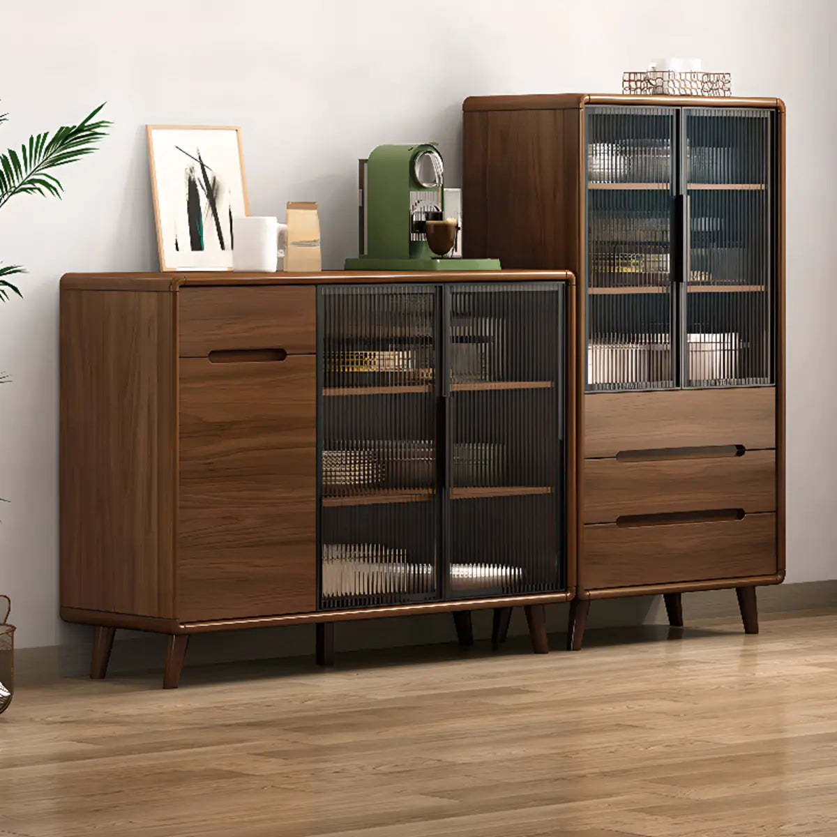 Stylish Walnut Brown Narrow Sideboard Glass Doors