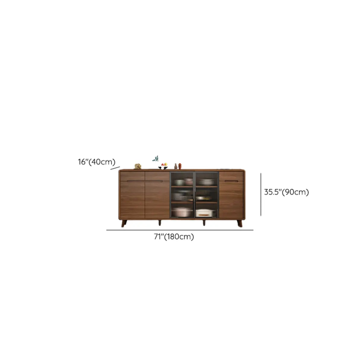 Stylish Walnut Brown Narrow Sideboard Glass Doors