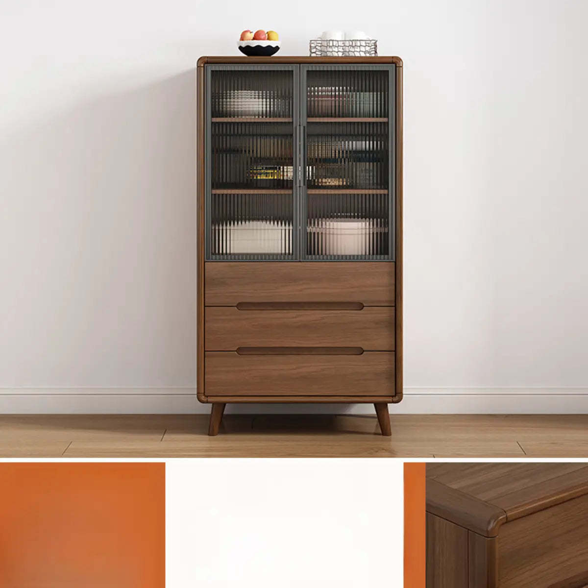 Stylish Walnut Brown Narrow Sideboard Glass Doors