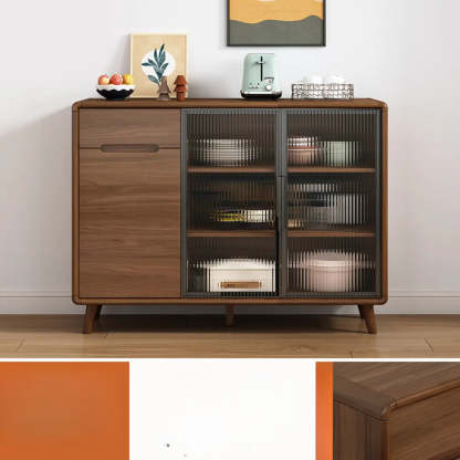 Stylish Walnut Brown Narrow Sideboard Glass Doors