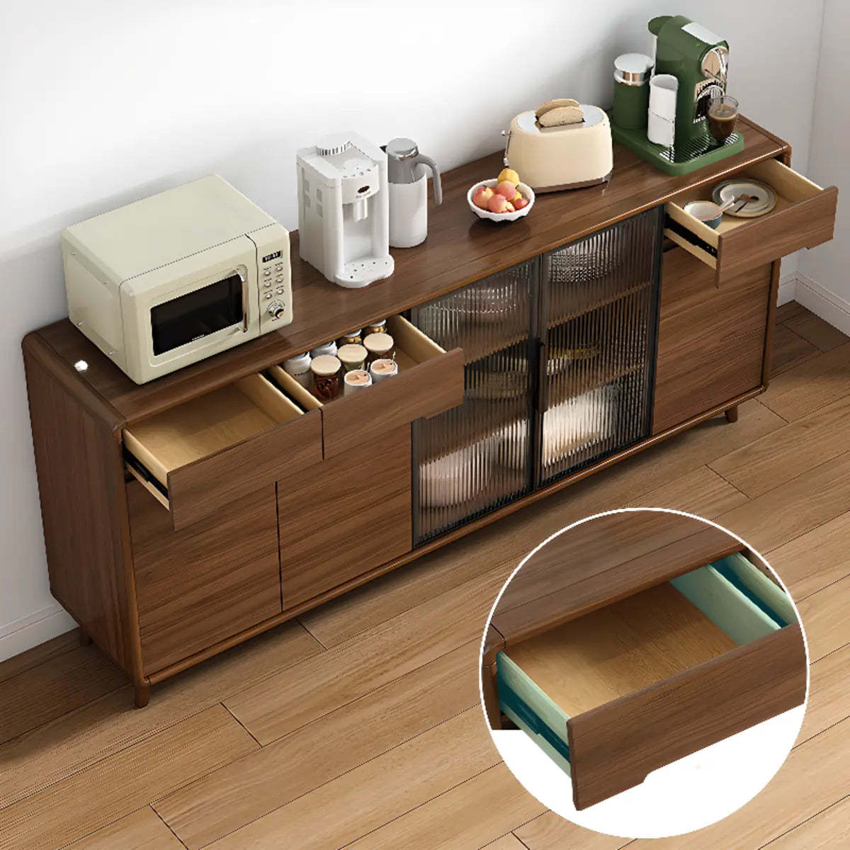 Stylish Walnut Brown Narrow Sideboard Glass Doors