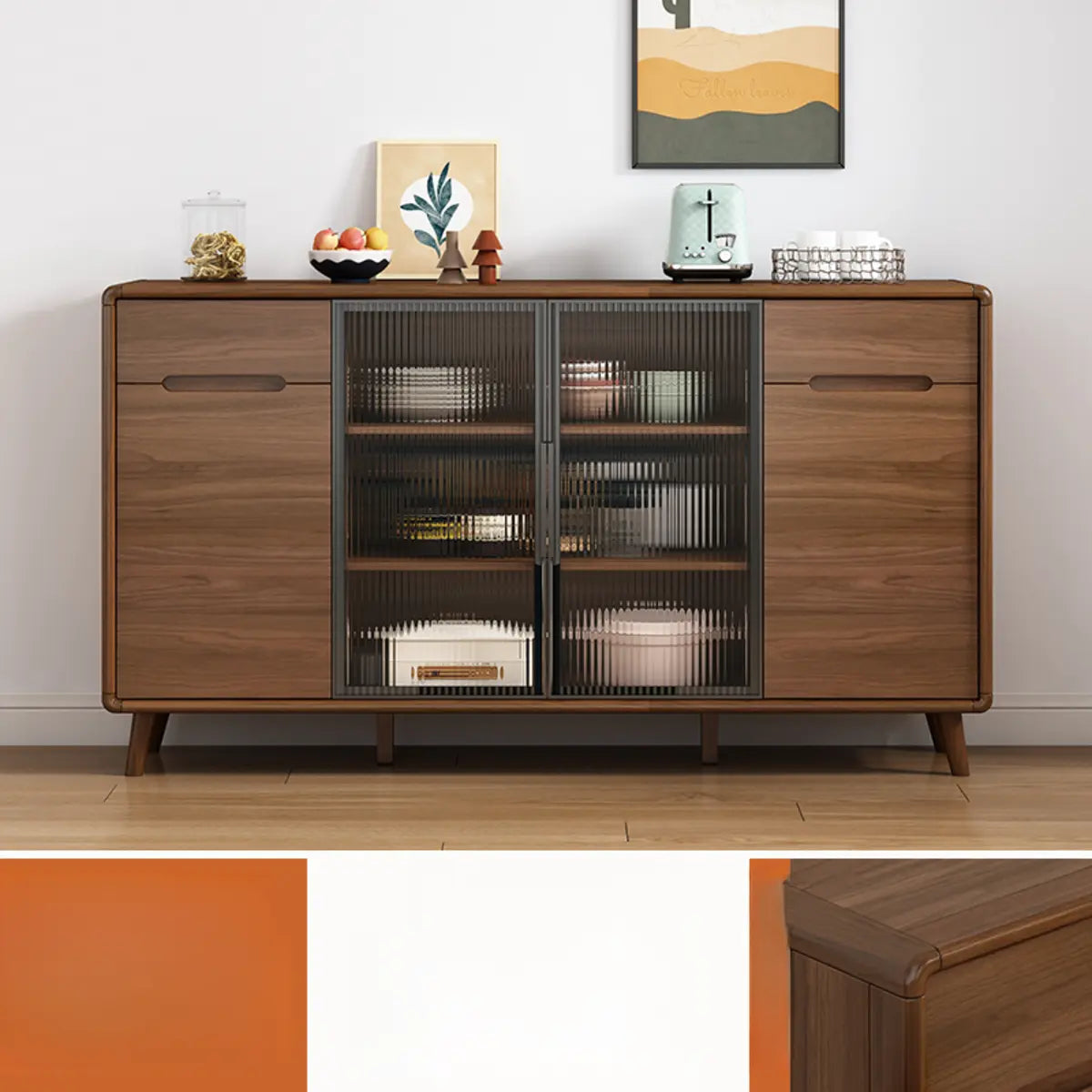 Stylish Walnut Brown Narrow Sideboard Glass Doors