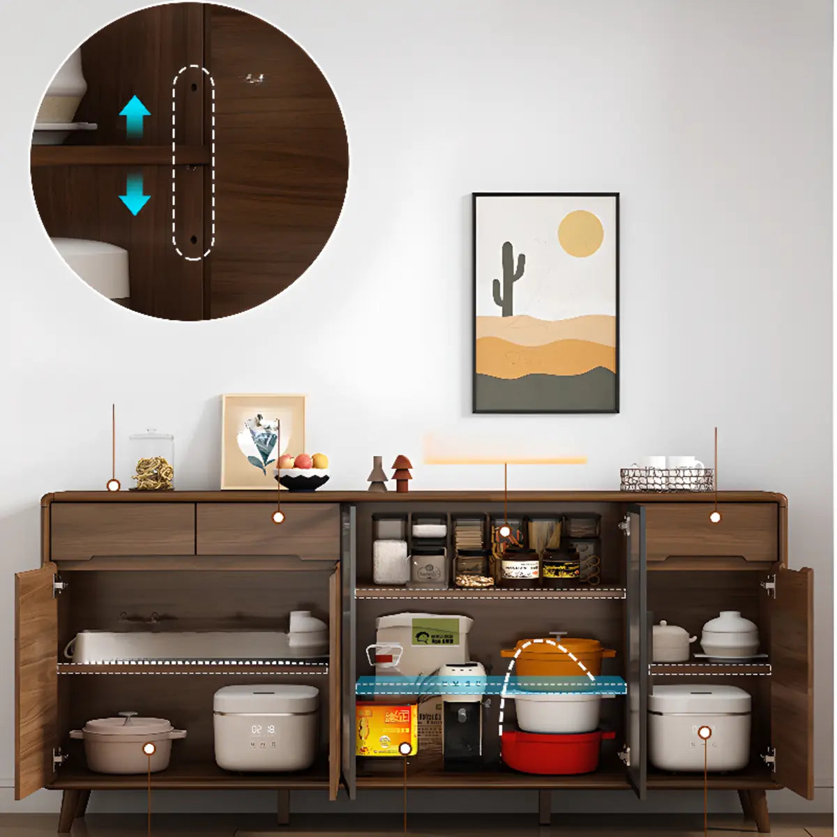 Stylish Walnut Brown Narrow Sideboard Glass Doors