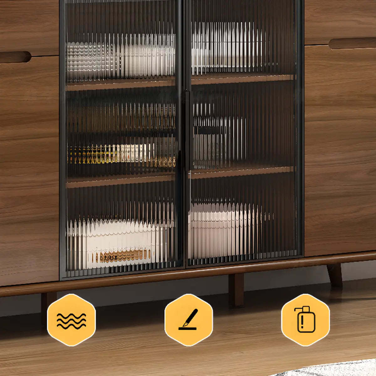 Stylish Walnut Brown Narrow Sideboard Glass Doors