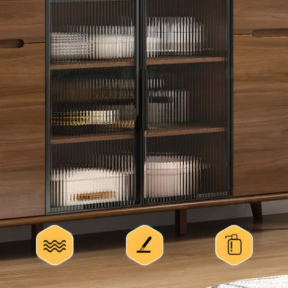 Stylish Walnut Brown Narrow Sideboard Glass Doors