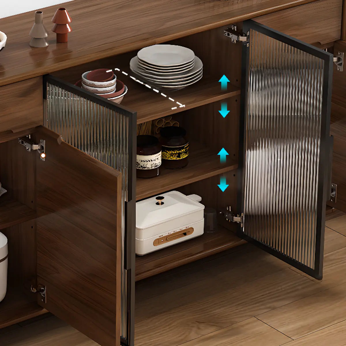 Stylish Walnut Brown Narrow Sideboard Glass Doors