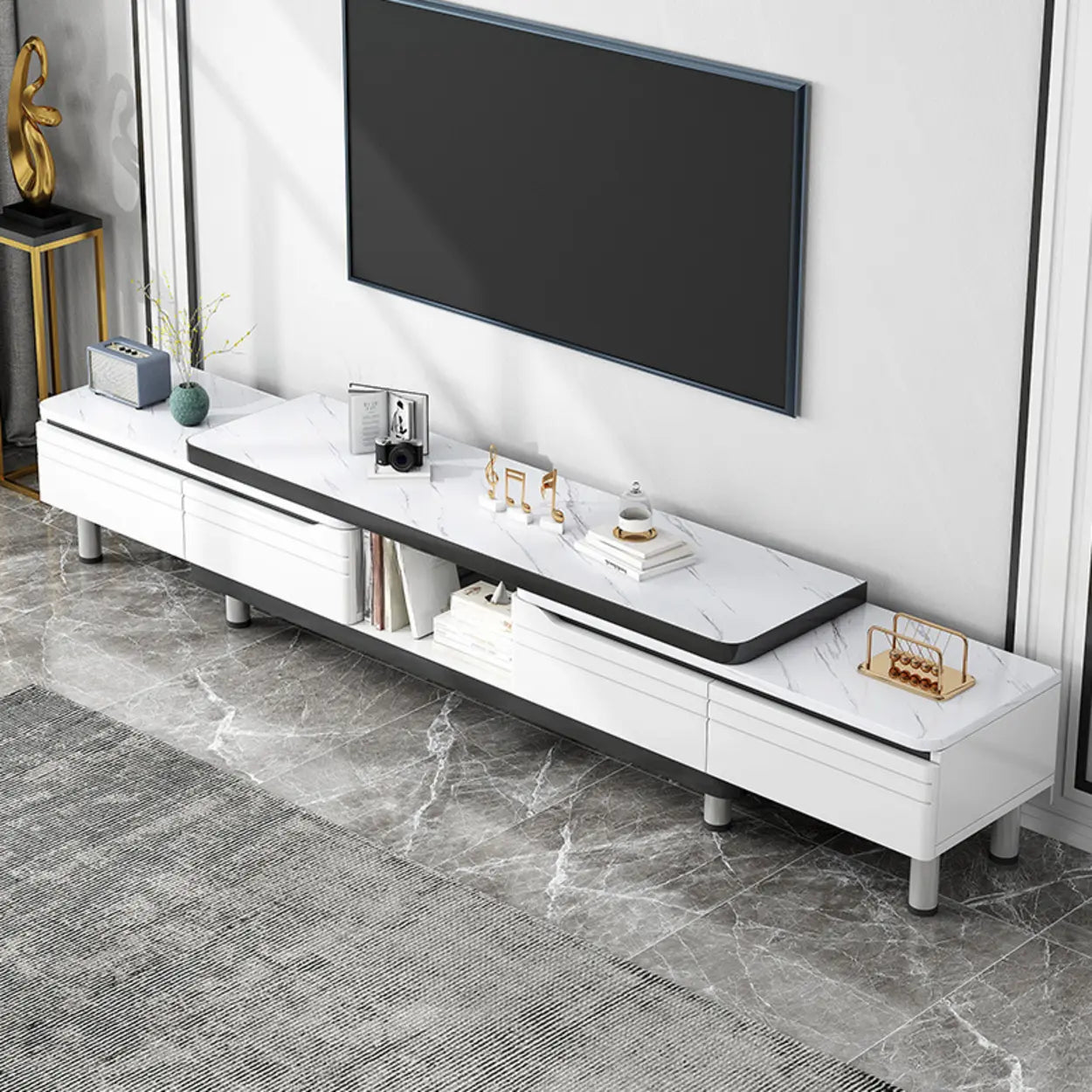 White Rectangle Stone Open Storage TV Stand — Stone