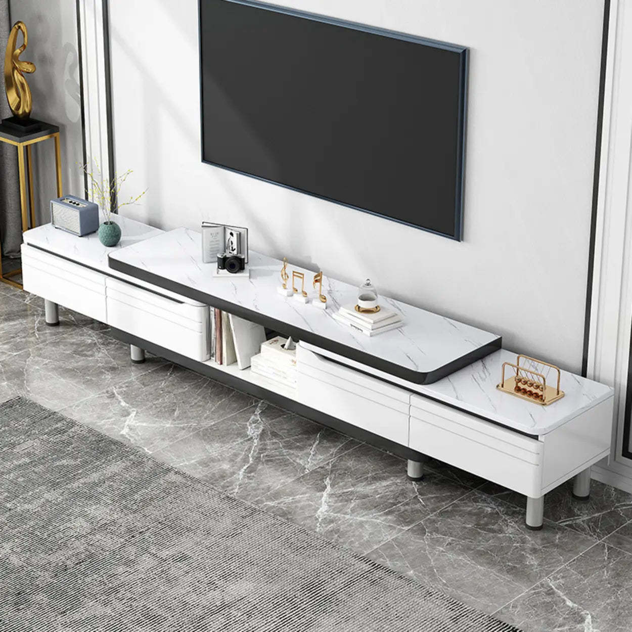 White Rectangle Stone Open Storage TV Stand — Stone
