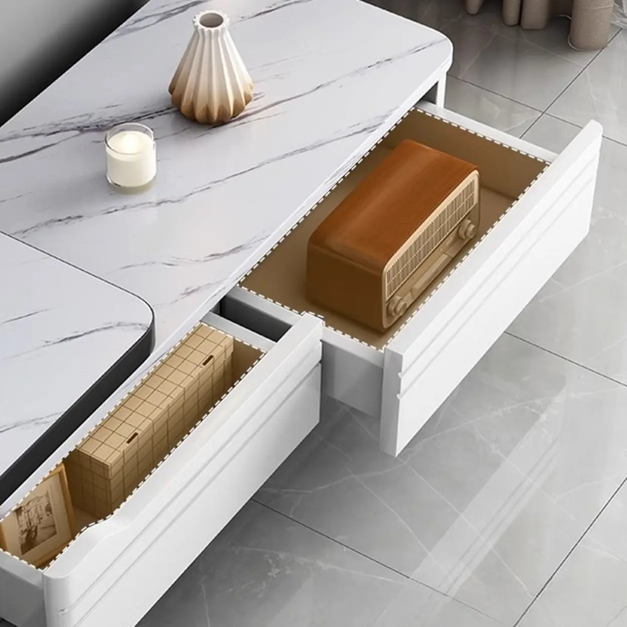 White Rectangle Stone Open Storage TV Stand