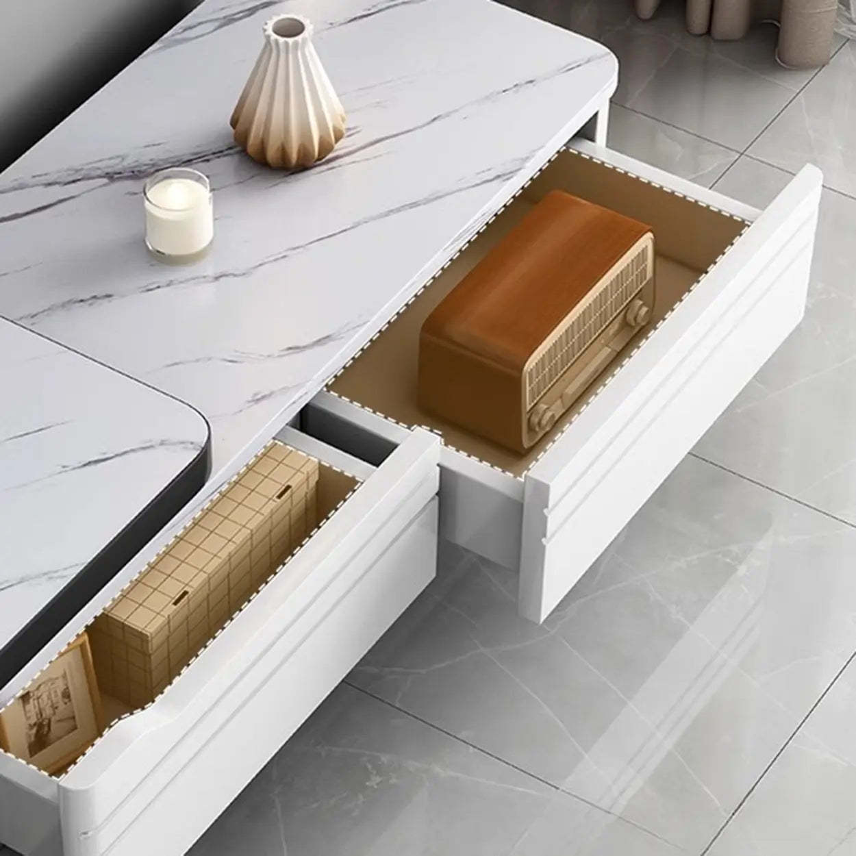 White Rectangle Stone Open Storage TV Stand