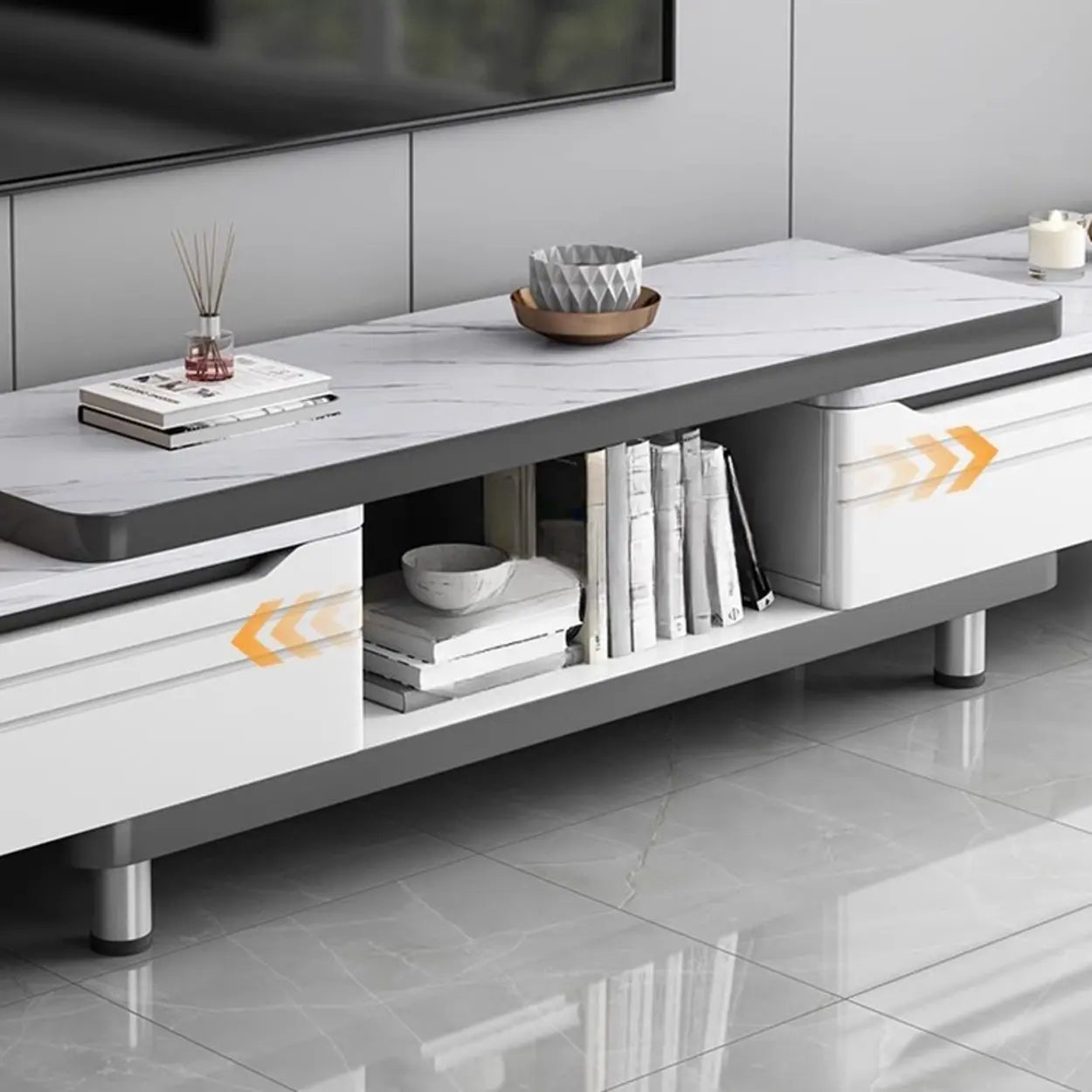 White Rectangle Stone Open Storage TV Stand