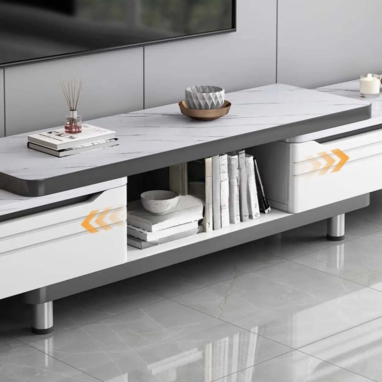 White Rectangle Stone Open Storage TV Stand
