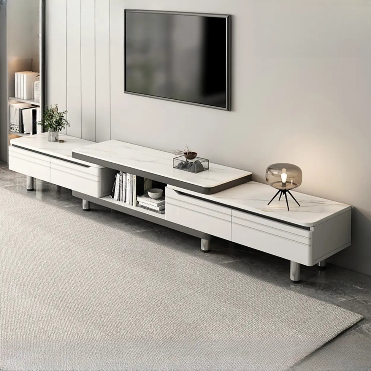 White Rectangle Stone Open Storage TV Stand