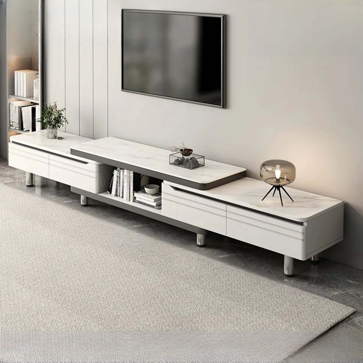 White Rectangle Stone Open Storage TV Stand