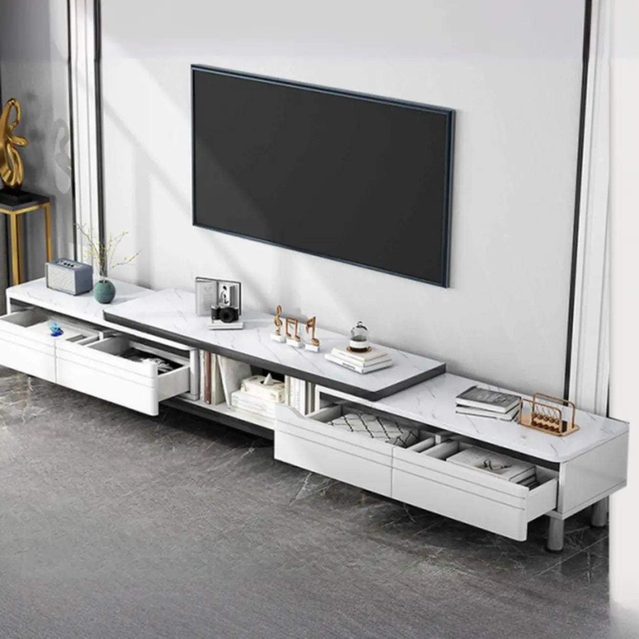 White Rectangle Stone Open Storage TV Stand — Wood