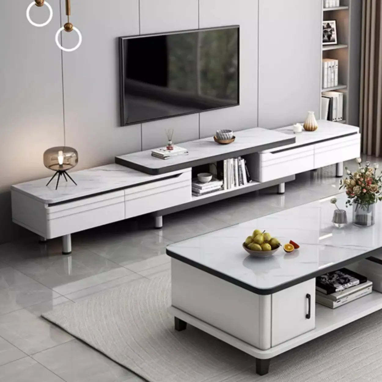 White Rectangle Stone Open Storage TV Stand — Stone