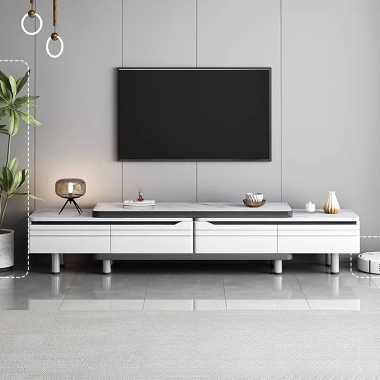 White Rectangle Stone Open Storage TV Stand — Wood