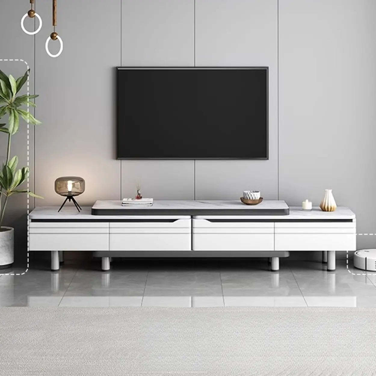 White Rectangle Stone Open Storage TV Stand — Wood