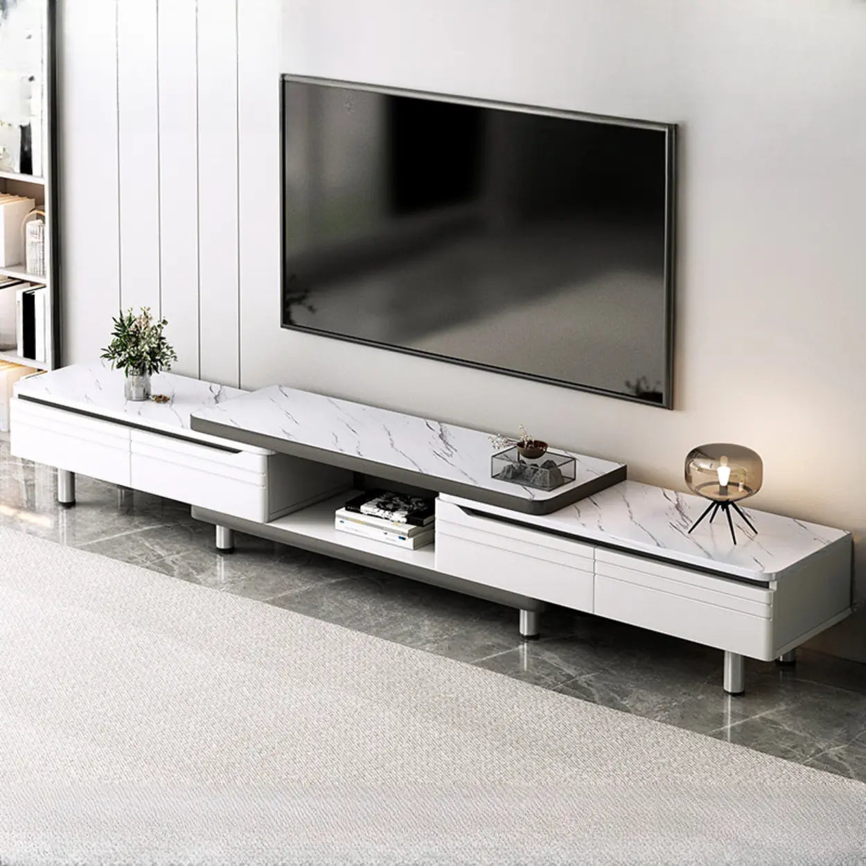 White Rectangle Stone Open Storage TV Stand — Wood