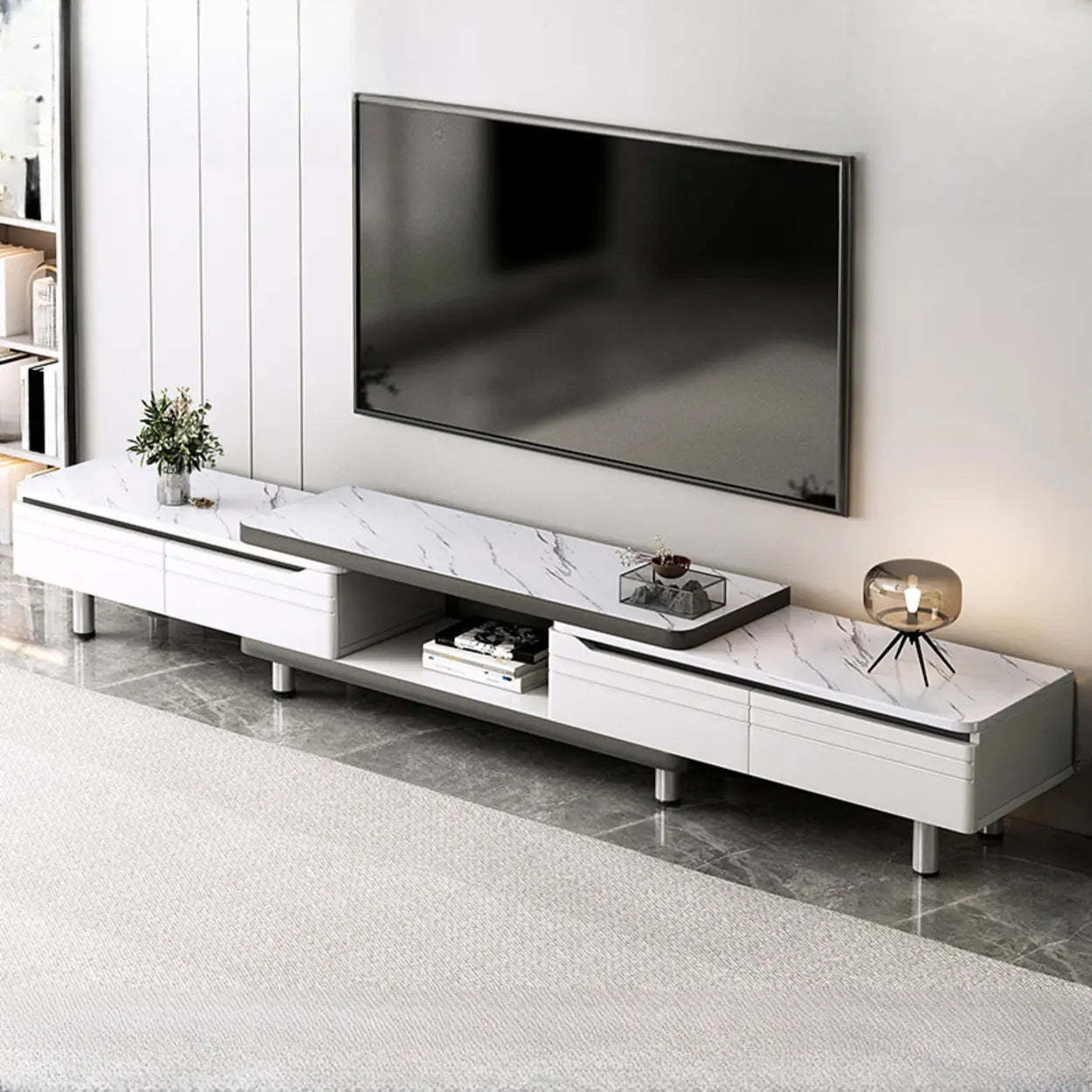 White Rectangle Stone Open Storage TV Stand — Wood