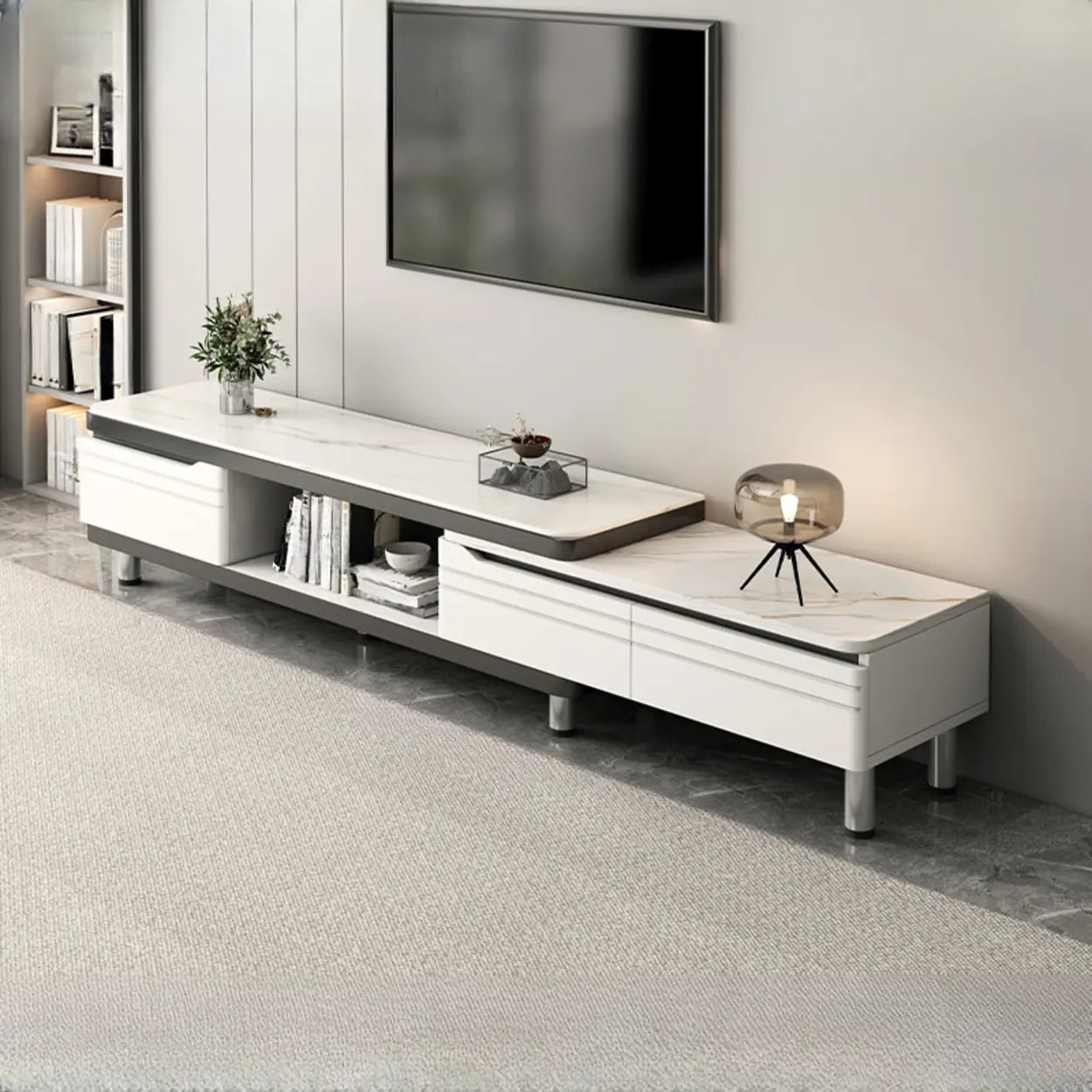 White Rectangle Stone Open Storage TV Stand