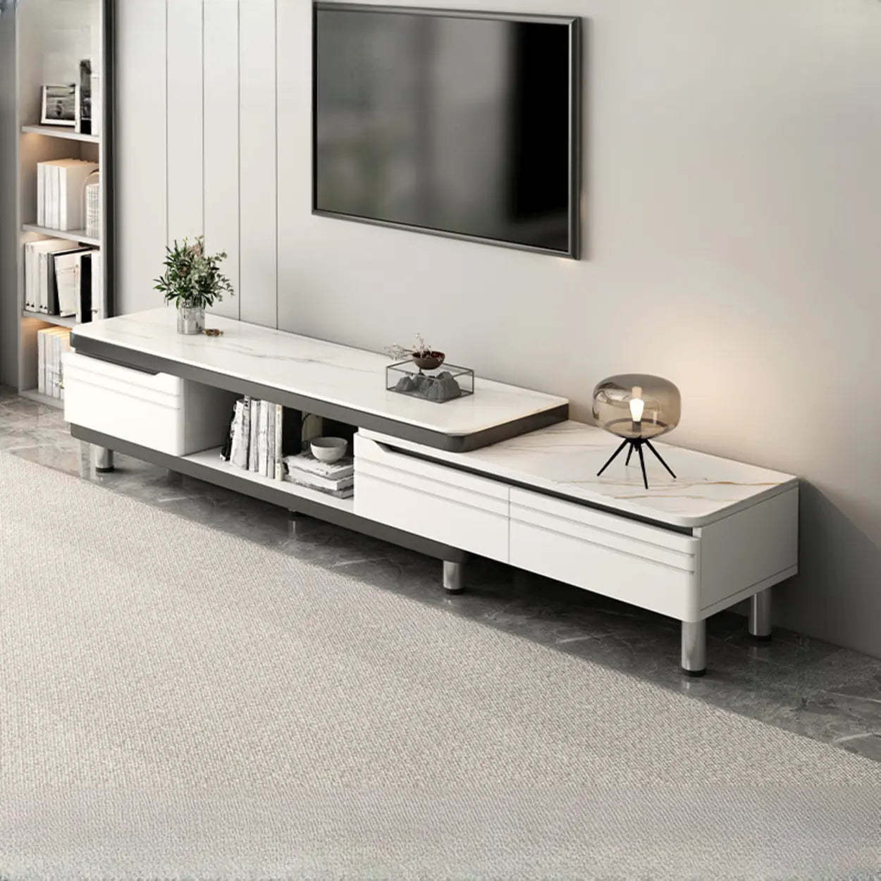 White Rectangle Stone Open Storage TV Stand