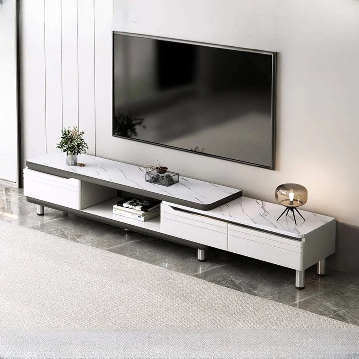 White Rectangle Stone Open Storage TV Stand