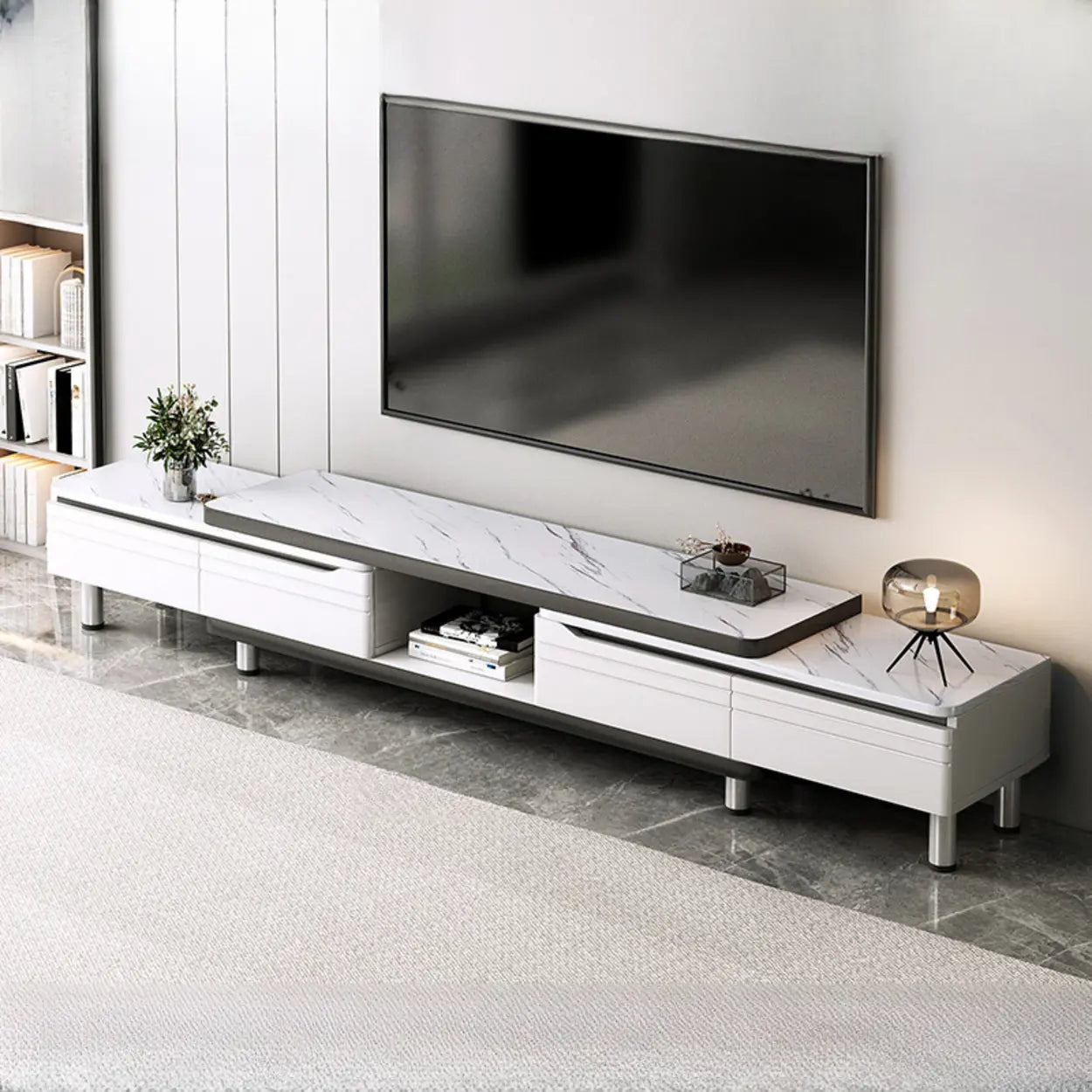 White Rectangle Stone Open Storage TV Stand