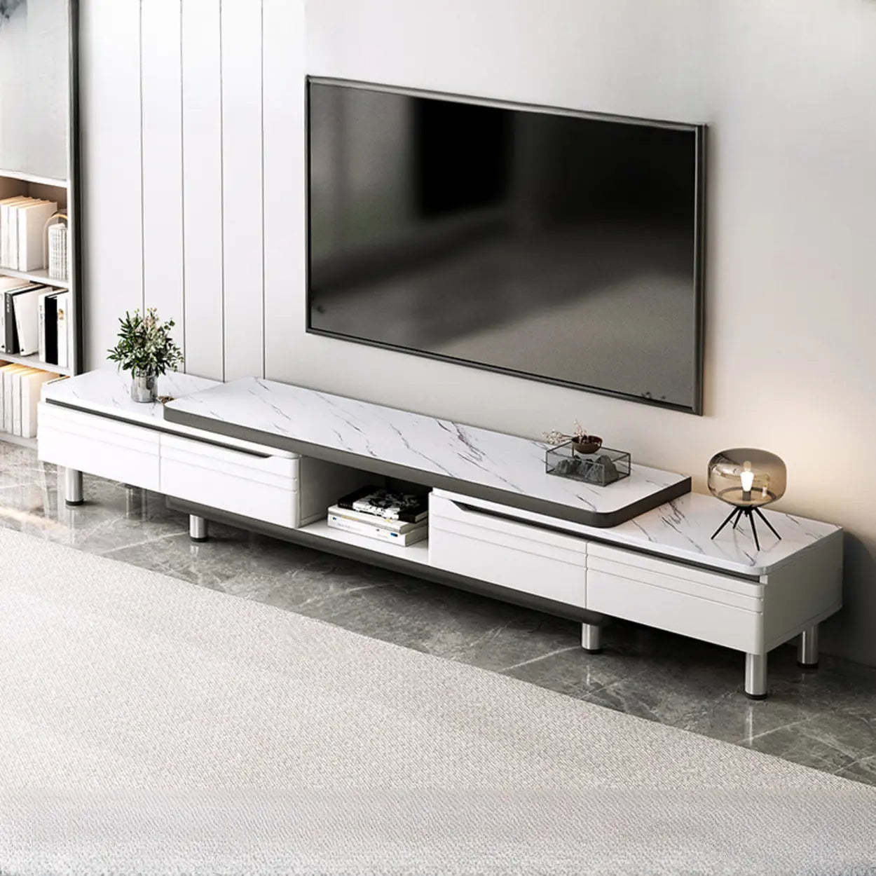 White Rectangle Stone Open Storage TV Stand
