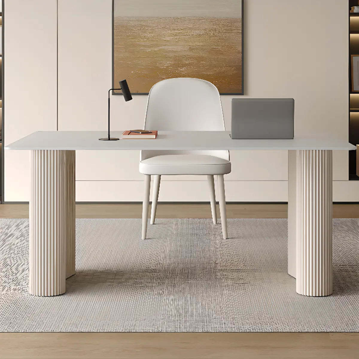 Stylish White Stone Steel-Base Writing Desk — Without Chairs