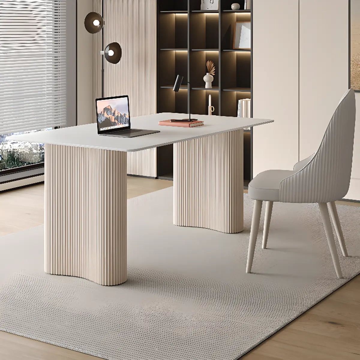Stylish White Stone Steel-Base Writing Desk — Without Chairs