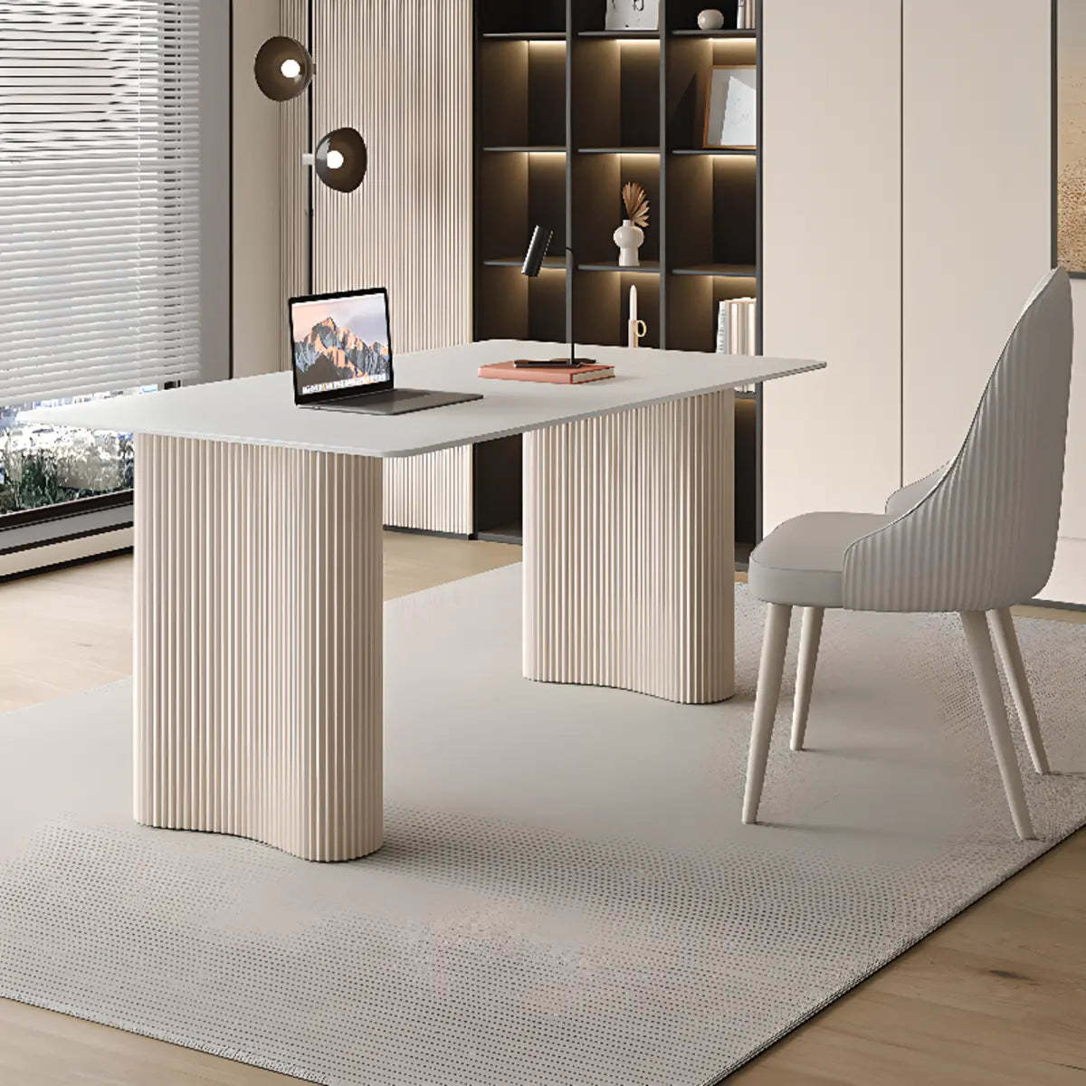 Stylish White Stone Steel-Base Writing Desk — Without Chairs