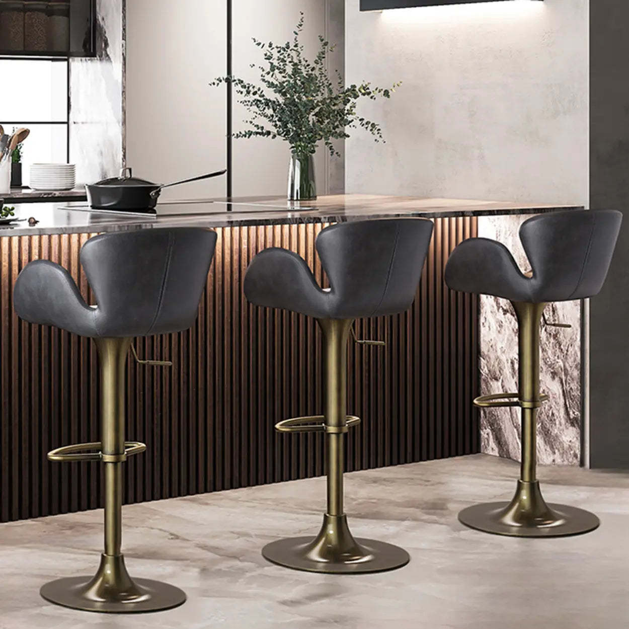 Swivel Leather Bucket Bar Stool with Back — Black / Black
