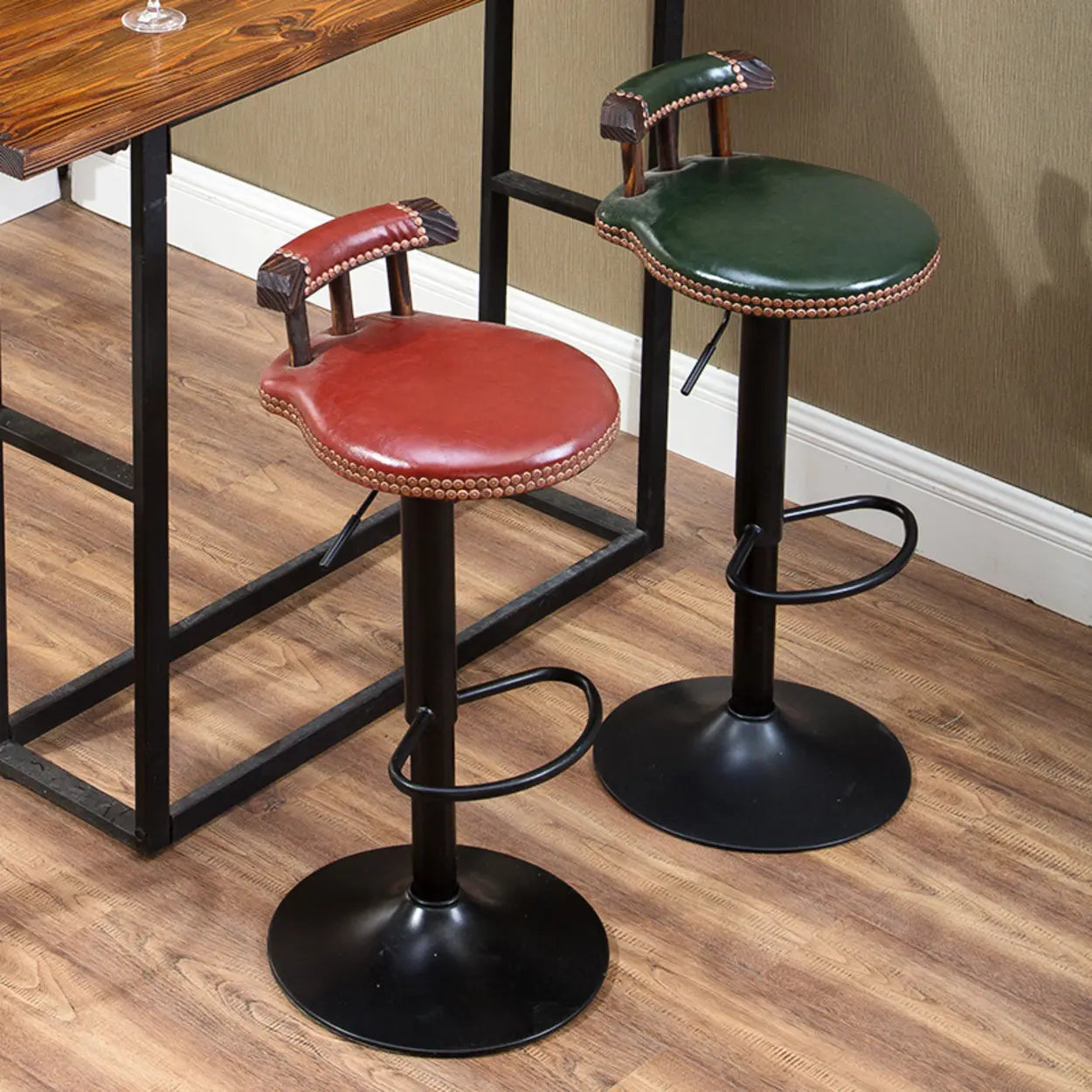 Swivel Round Leather Bar Stool with Back — Black