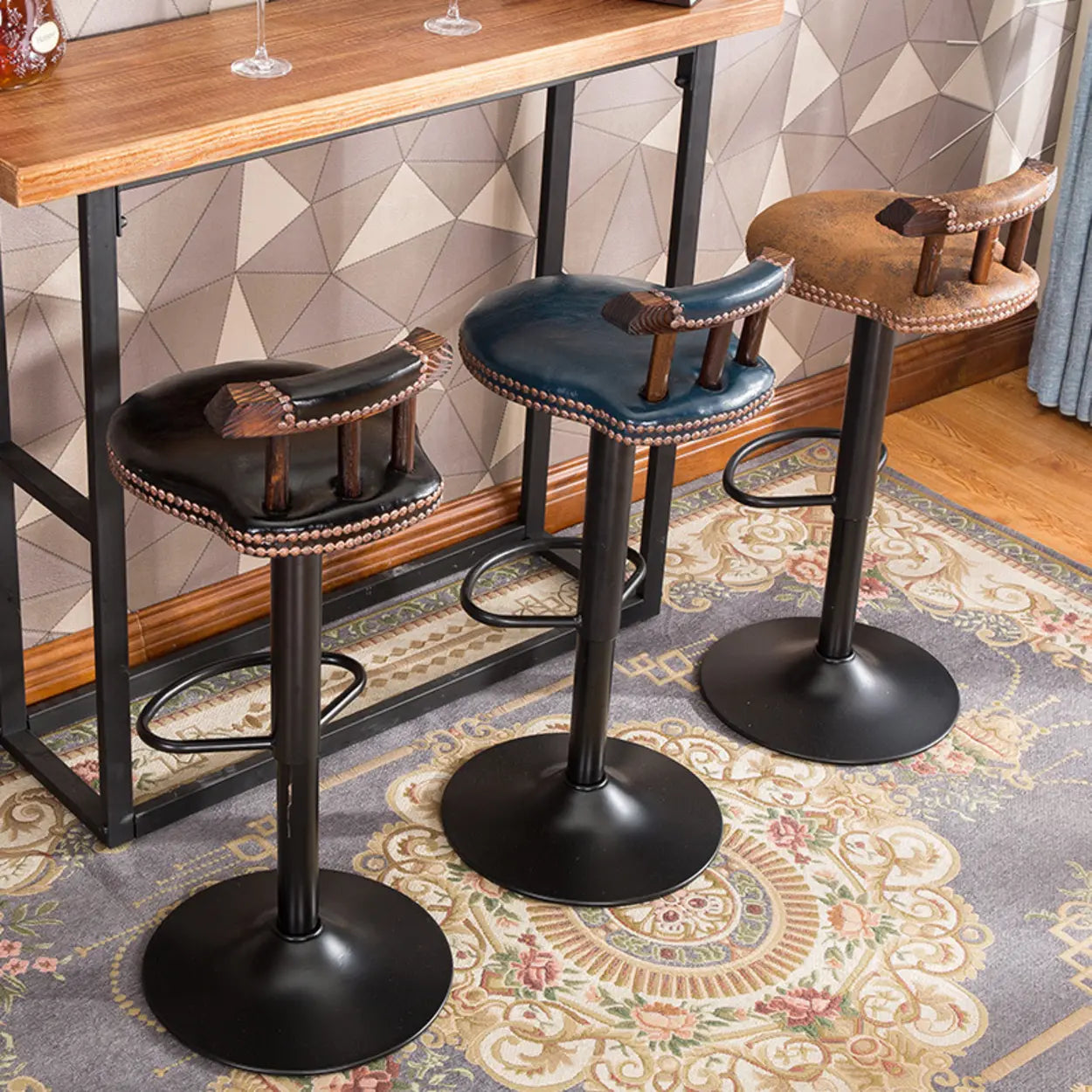Swivel Round Leather Bar Stool with Back — Burgundy