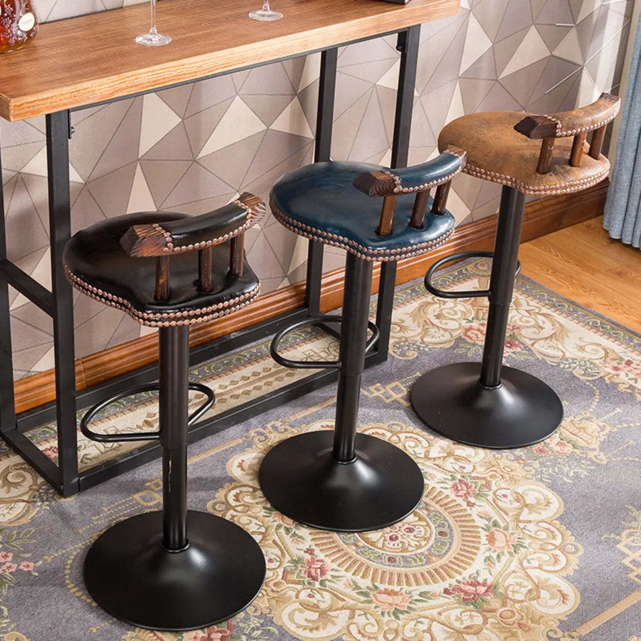 Swivel Round Leather Bar Stool with Back — Burgundy