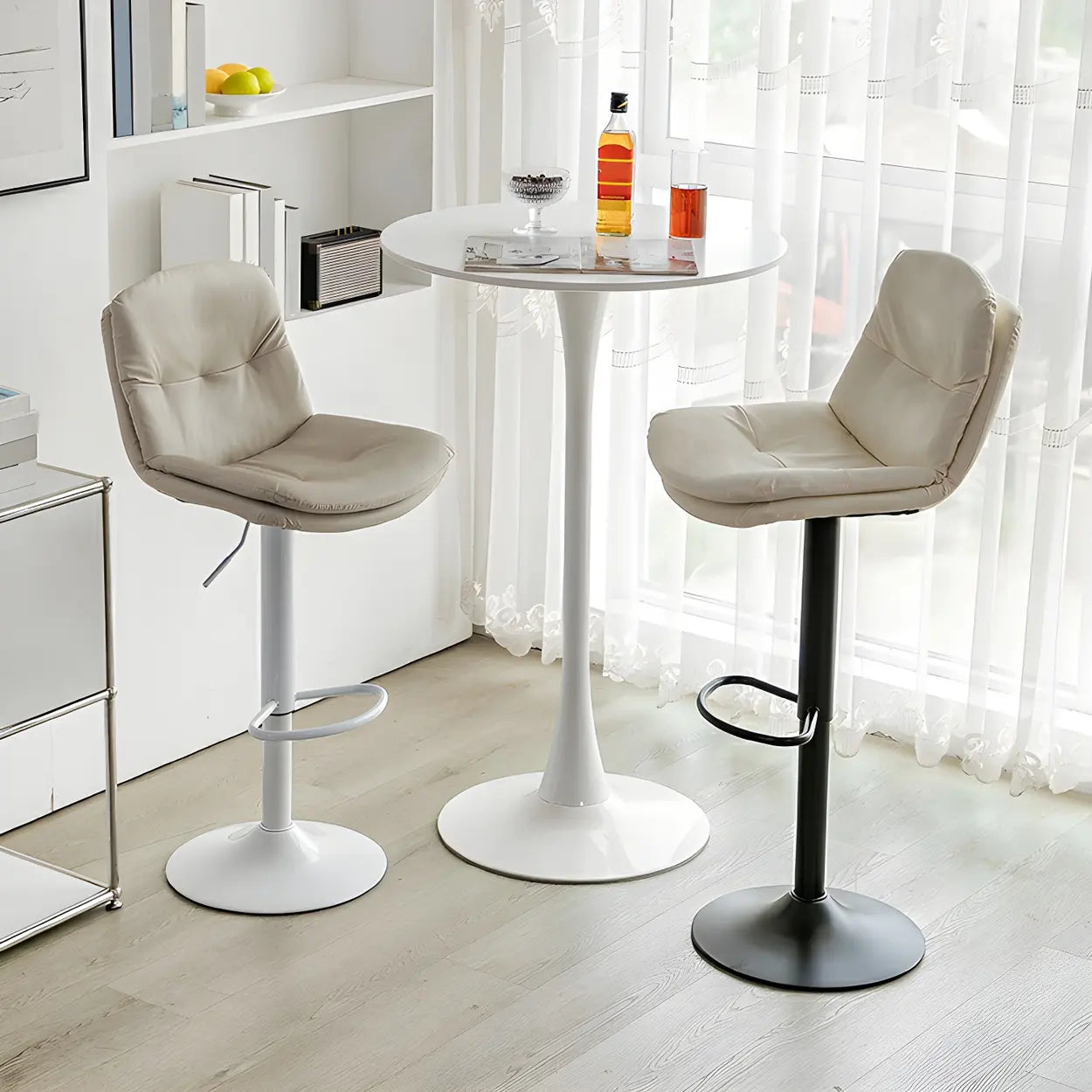 Swivel Beige Faux Leather Bucket Adjustable Bar Stool — Black / Beige / 1 Piece