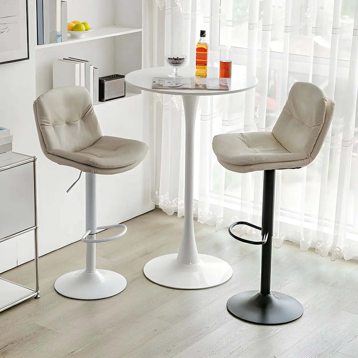 Swivel Beige Faux Leather Bucket Adjustable Bar Stool — Black / Beige / 1 Piece